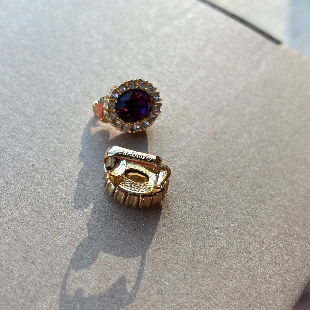 Christian Dior Amethyst Gold Plated Clip On Earrings Authentic Vintage - Picture 7 of 13